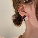 Purple Crystal Flower Stud Earrings For Woman Korean Fashion Jewelry Wedding Party Girl Elegance Set Accessories