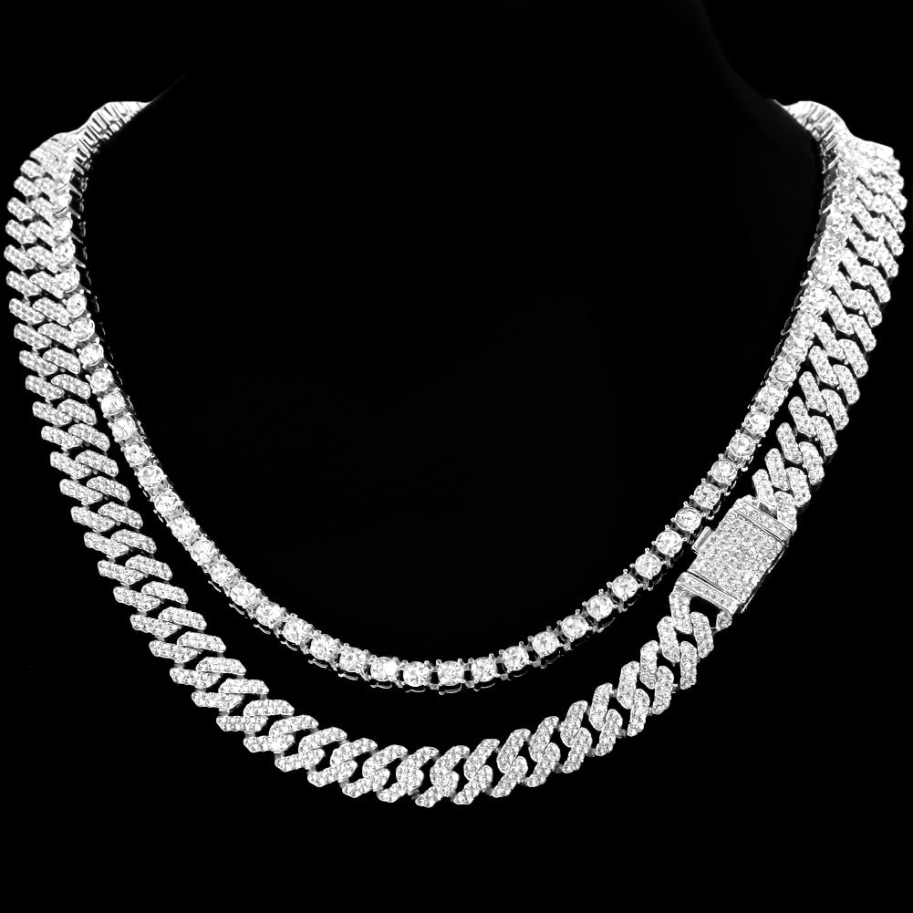 Maytrends Silver Color 12MM Prong Cuban Link Chain Iced Out Bling 2 Row Rhinestones Cuban Chain Necklace For Women Men Gift Jewelry Hiphop