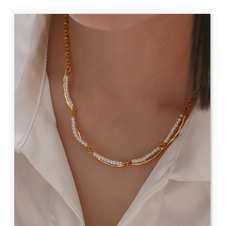 Maytrends Brass WIth 18K Layered Chain Natural Pearl Necklaces Women Jewelry Punk Hiphop Designer Runway Rare  Boho Top Japan Korean
