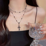 Sweet Cool Double Layer Cross Necklace Female Black High Grade Spicy Girl Collar Chain Birthday Party Bar Jewelry Accessories