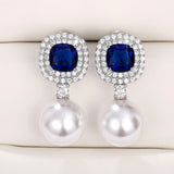 Elegant Imitation Pearl Earrings with Blue/White Cubic Zirconia Brilliant Ear Accessory for Women Wedding Trendy Jewelry
