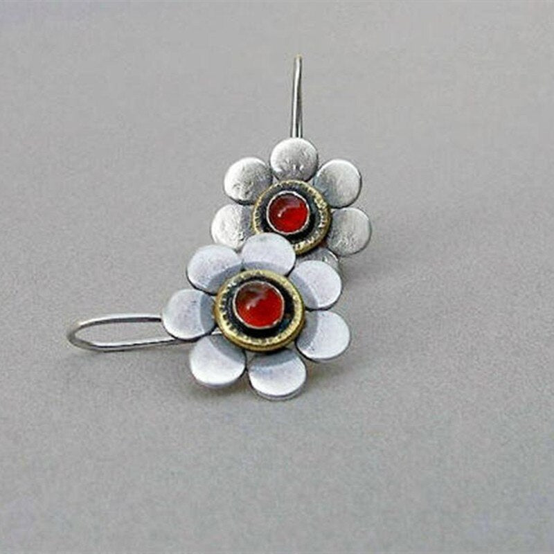 Vintage Ethnic Silver Color Flower Petals Earrings Tribal Jewelry Multicolor Round Purple Stone Drop Earrings for Women Girl New