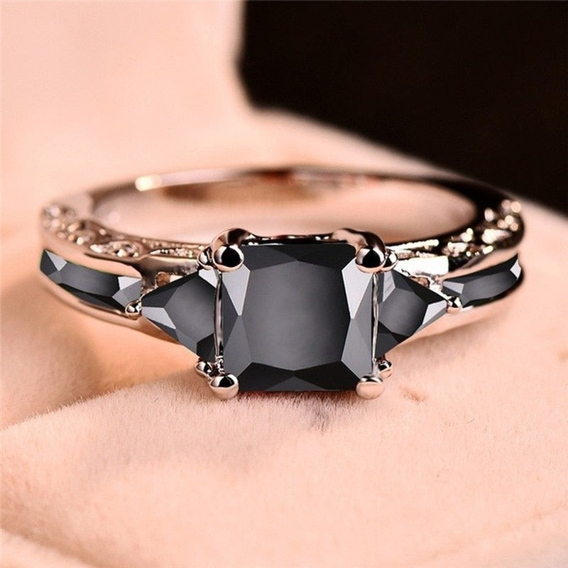 Maytrends Delicate Silver Color Trendy Ring for Women Elegant Princess Cut Inlaid Black Zircon Stones Wedding Ring Engagement Jewelry