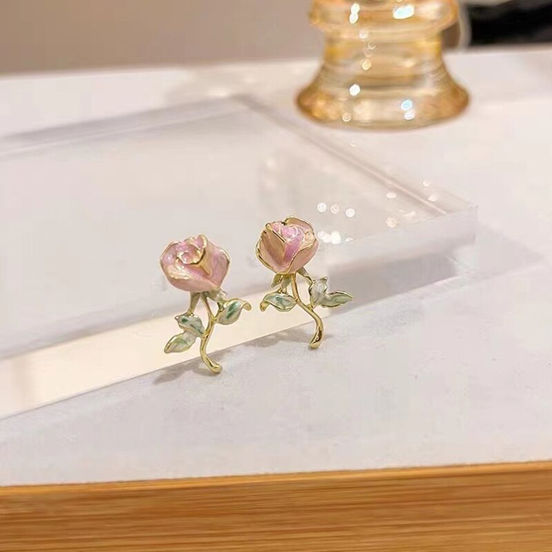 New Sweet Pink Rose Earrings Women Gentle Vintage Temperament Flower Earring Birthday Gift Jewelry for Friends