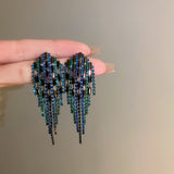 Maytrends Exaggerated Blue Rhinestone Crystal Geometric Flower Long Tassel Earrings for Women Cool Drop Dangling Earring Party Jewelry