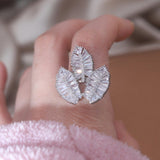 America New Fashion Jewelry Silver Color Luxury Leaf Zircon Ring Elegant Women's Wedding Party Shiny Opening Ring Accessories