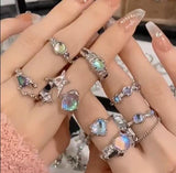 Maytrends 2pcs Fashion Design Opal Ring Set Women Gemstone French Irregular Opening Moonstone Senior Sense Rings Party Jewelry Gifts