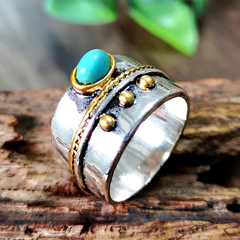 Vintage Natural s Stone Rings Bohemian Jewelry Antique Silver Color Two Tone Metal Knuckle Rings for Party