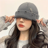 Maytrends Winter Harajuku y2k Beanies Knitted Hat Women Fashion Warm Thick Gorro Men Hip Hop Pin Hole Skullcap Short Hat Unisex Basic Cap