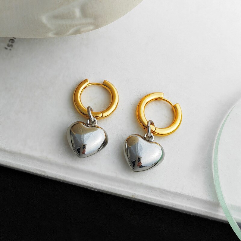 Fashion Gold Color Hoop Earring Silver Heart Charm Studs Earrings for Women Girl's Charm Party Jewelry Accessories