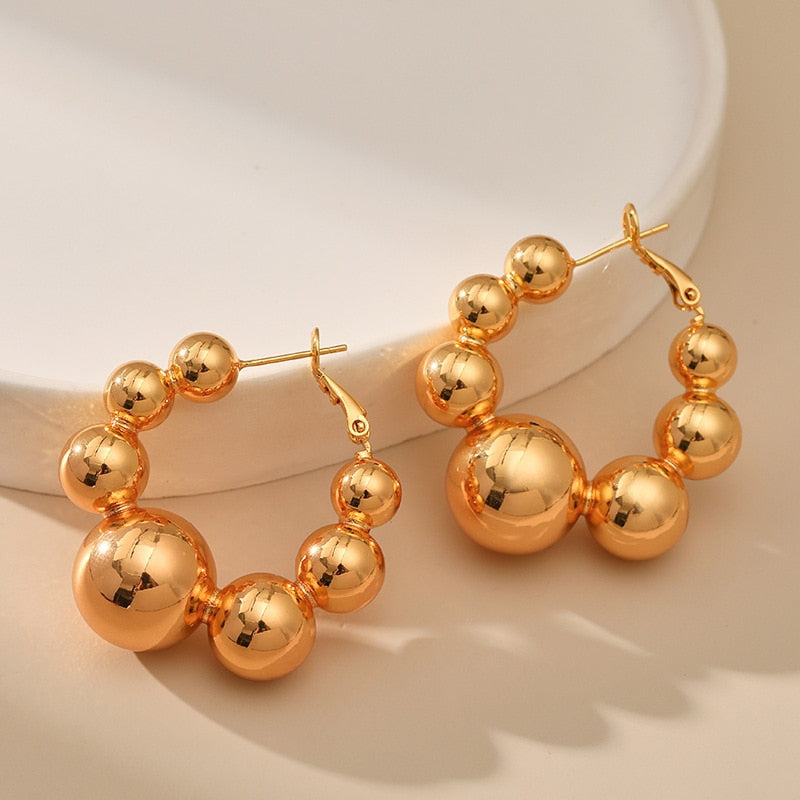Maytrends Punk Hip Hop Gold Plated Metal Big Beads Hoop Earrings for Women Exaggerated Oversize Hollow Round Bead Earrings Fashion Jewelry