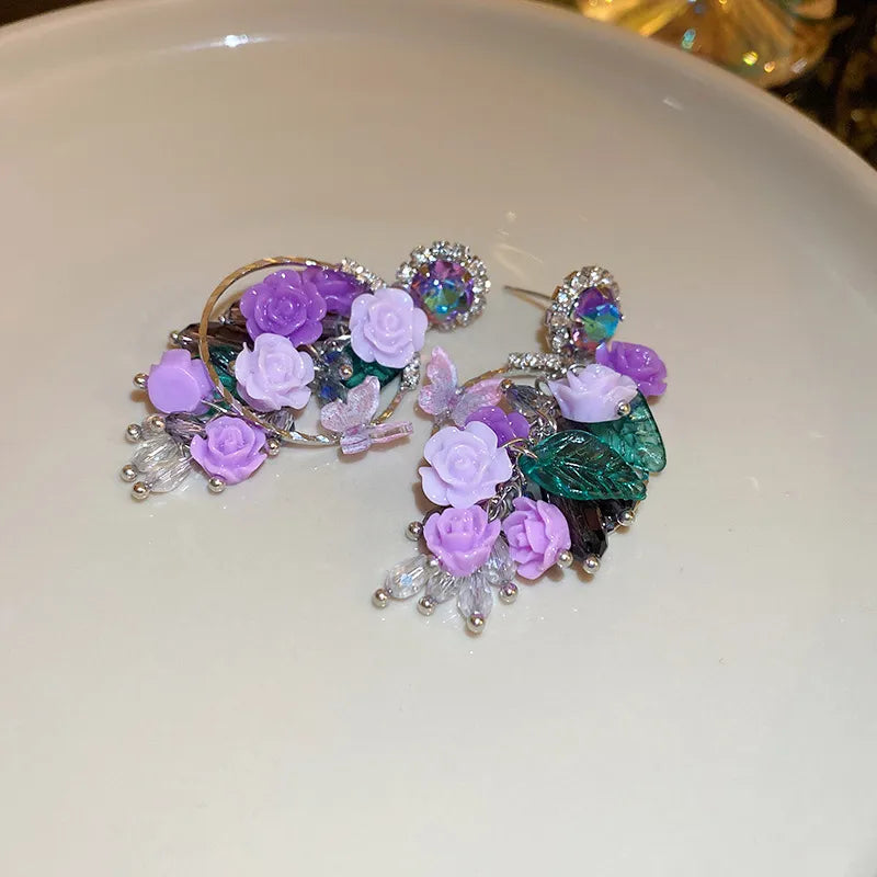 Korean Purple Rose Flower Tassel Dangle Earrings For Women Girls Butterfly Crystal Brincos Female Fashion Jewelry