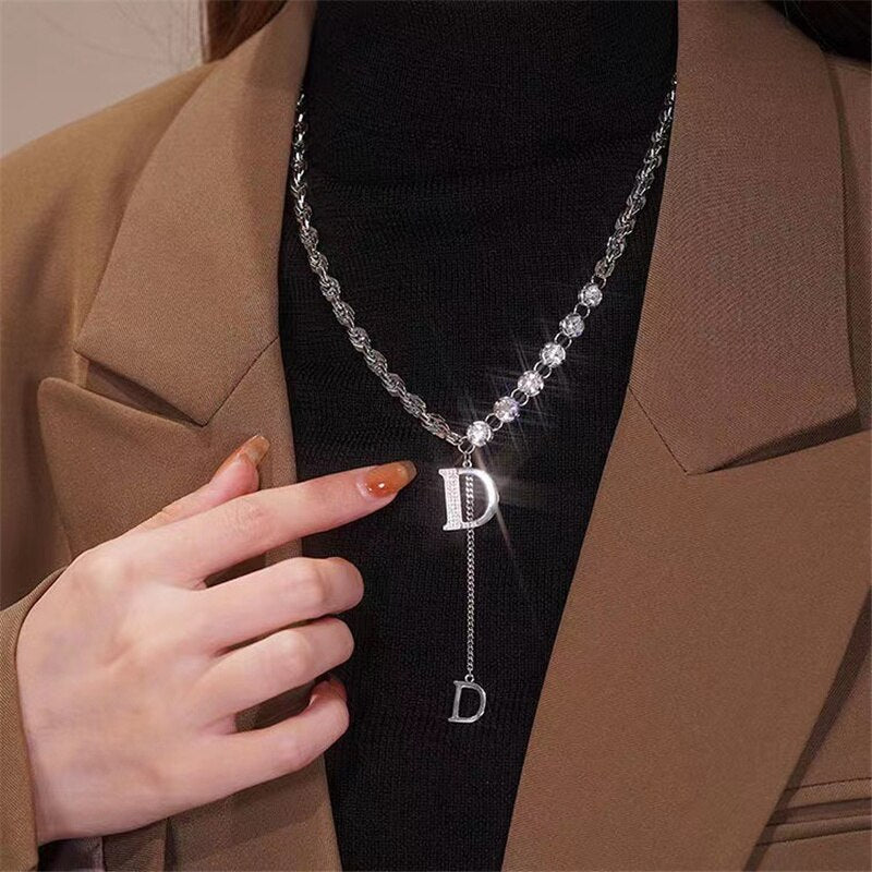 Luxury Micro Setting Zircon D Letter Pendant Long Necklace Winter Sweater Chain Fashion Jewelry for Woman Girls Party Gift