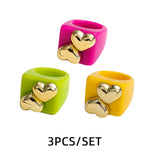 Maytrends 3pcs New Fashion Multicolor Resin Acrylic Geometric Square Ring Set for Women Punk Gold Color Rivet Big Thick Rings Jewelry