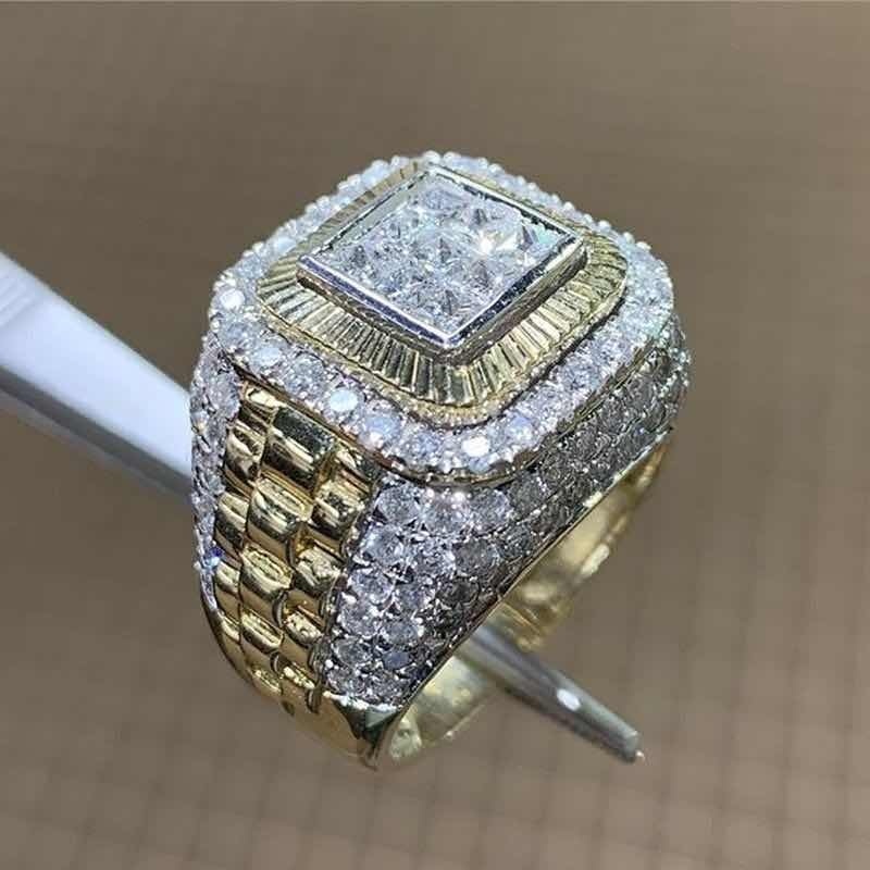 Maytrends Domineering Gold Color Hip Hop Ring for Men Women Fashion Inlaid White Zircon Stones Punk Wedding Ring Jewelry