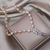 New Fashion Jewelry Pink Freshwater Pearl Zircon Ear Wheat Pendant Necklace Elegant Women Sexy Collar Necklace Party Accessories
