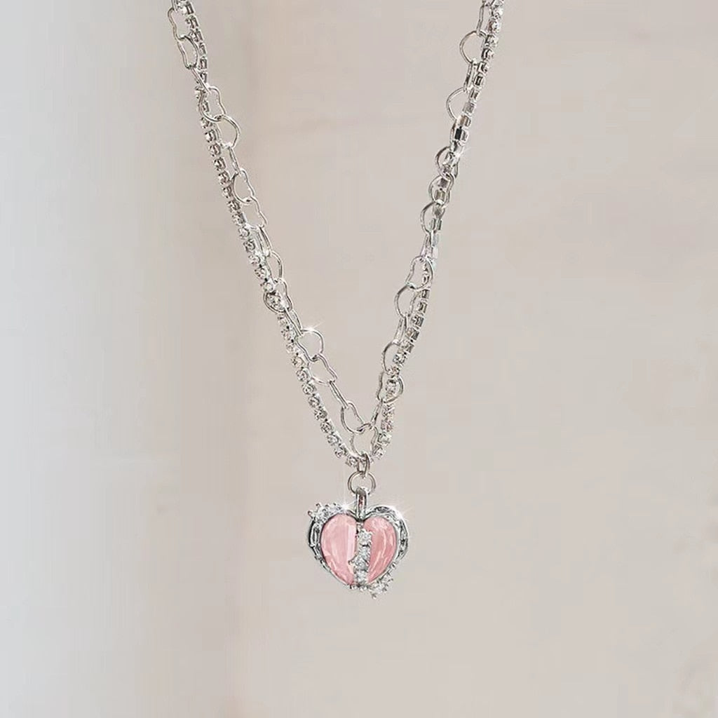 Kpop Split Heart Pendant Necklace Opal Metal Silver Color Pearl Multi-layered for Women Trendy Elegant Y2K Jewelry Gift