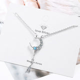 Blue Moonlight Stone Full Diamond Crescent Necklace Female Water Drop Tassel Pendant Collar Chain Birthday Party Accessories