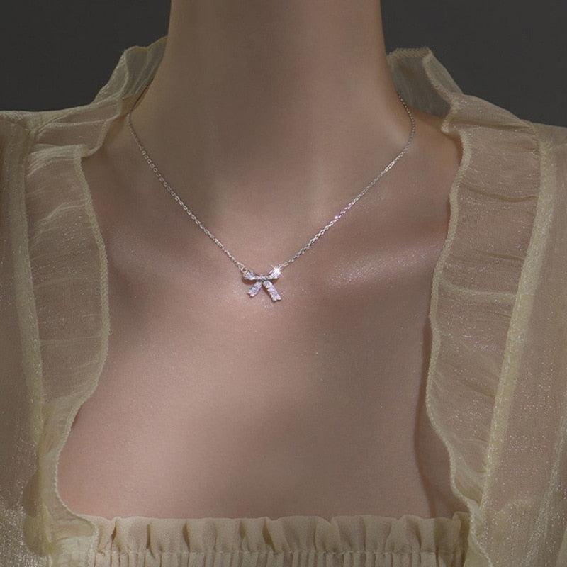 Maytrends Silver Color Bow Clavicle Chain Necklace Fashion Acrylic Crystal Pendant Necklace For Women INS Jewelry Kpop Accessories