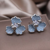 Korea New Design Fashion Jewelry Blue Enamel Oil Drop Flower Zircon Earrings Elegant Women's Daily Work Accessories