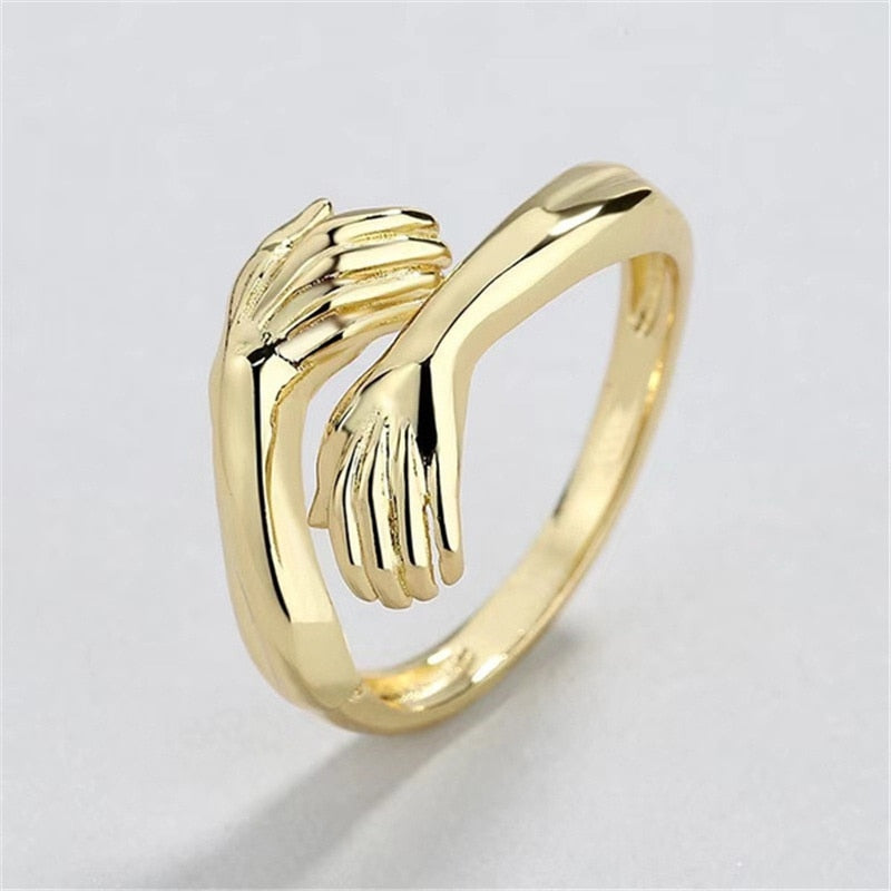 Maytrends Classic Creative Silver Color Hug Rings for Women Fashion Metal Carved Hands Open Ring Birthday Party Jewelry