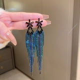 Maytrends Exaggerated Blue Rhinestone Crystal Geometric Flower Long Tassel Earrings for Women Cool Drop Dangling Earring Party Jewelry