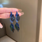 Maytrends Exaggerated Blue Rhinestone Crystal Geometric Flower Long Tassel Earrings for Women Cool Drop Dangling Earring Party Jewelry