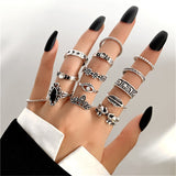 Maytrends Punk Gothic Butterfly Snake Chain Ring Set for Women Black Dice Vintage Silver Plated Retro Rhinestone Charm  Finger Jewelry