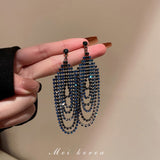 Maytrends Long Retro Blue Flower Feather Tassel Dangle Earrings for Women Fashion Crystal Drop Earring Vintage Brincos Jewelry