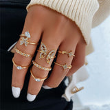 Maytrends Fashion Hollow Butterfly Ring Set 9PCS Elegant Vintage Crystal Women Finger Cute Pearl Jewelry Wedding Party Gift