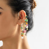 Maytrends Bohemian Creative Design Crystal Glass Imitation Pearl Tassel Pendant Ear Clip Harajuku Style Dangling Clip Earrings