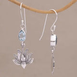 Maytrends Simple Water Drop Inlaid Sea Blue Stone Hook Earrings Vintage Metal Silver Color Carving Lotus Dangle Earrings for Women