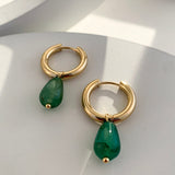 Maytrends Transparent Green Natural Stone Teardrop Earrings for Women Simple Stainless Steel Gold Plated Hoops Huggies Jewelry Gift