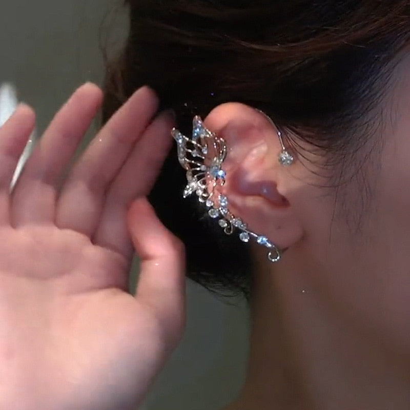 Korean Elf Butterfly Ear Cuff Without Piercing Clip Earrings for Women Elegant Sparkling Zircon Crystal Ear Clip Wedding Jewelry