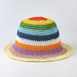 Maytrends Summer Rainbow Striped Bucket Hat Woman Crochet Beach Fisherman Hat Foldable Handmade Weave Sun Hat Female Panama Wholesale