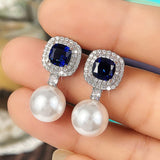 Elegant Imitation Pearl Earrings with Blue/White Cubic Zirconia Brilliant Ear Accessory for Women Wedding Trendy Jewelry