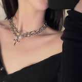 Punk Cross Pendant Chain Necklace for Women Kpop Multilayer Imitation Pearl Choker Necklace Rhinestone Pendant Necklace Jewelry