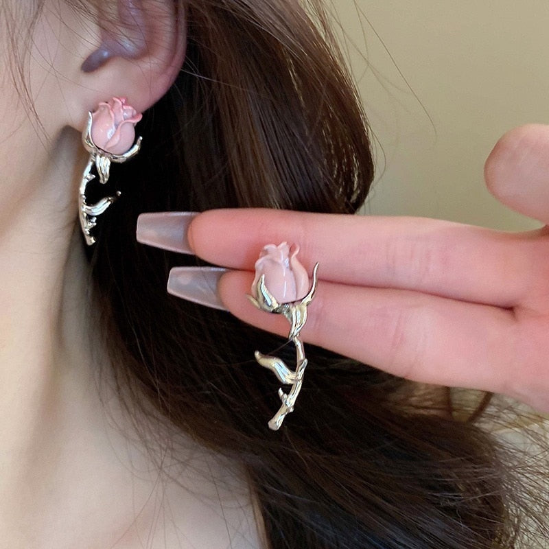 Maytrends Korean Pink Rose Flower Earrings Female Hip Hop Metal Exaggerated Wedding Jewelry