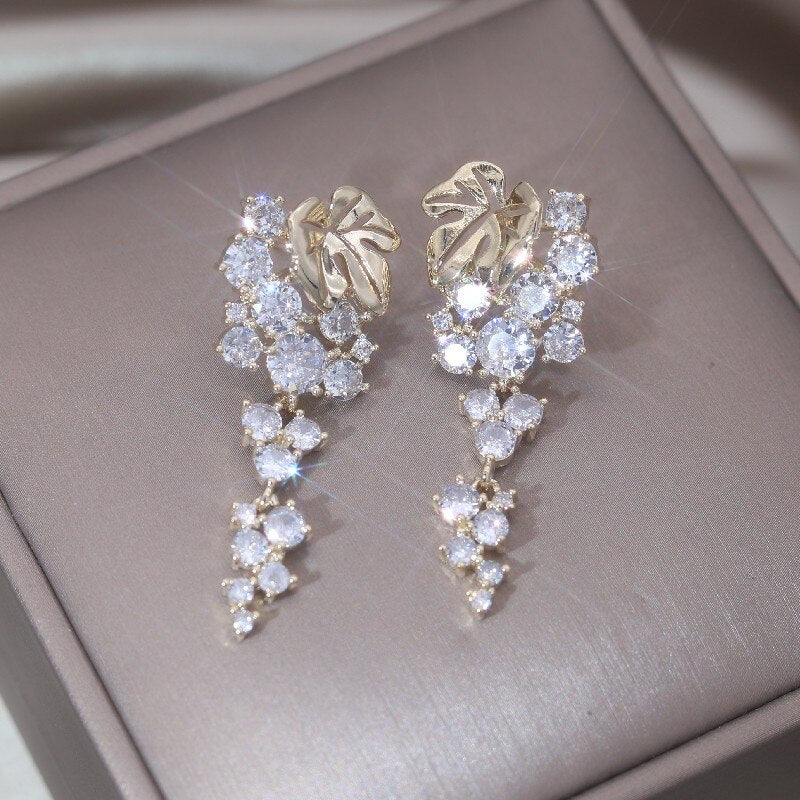 Korea's new design fashion jewelry 14K gold plated leaves luxury long zircon earrings elegant women's wedding party accessories