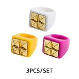 Maytrends 3pcs New Fashion Multicolor Resin Acrylic Geometric Square Ring Set for Women Punk Gold Color Rivet Big Thick Rings Jewelry