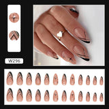 24Pcs Black French Fake Nails Almond Glitter Design Full Cover Press on Fingernails Tips Women Lady Artificial Acrylic Nail Tips