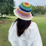 Maytrends Summer Rainbow Striped Bucket Hat Woman Crochet Beach Fisherman Hat Foldable Handmade Weave Sun Hat Female Panama Wholesale