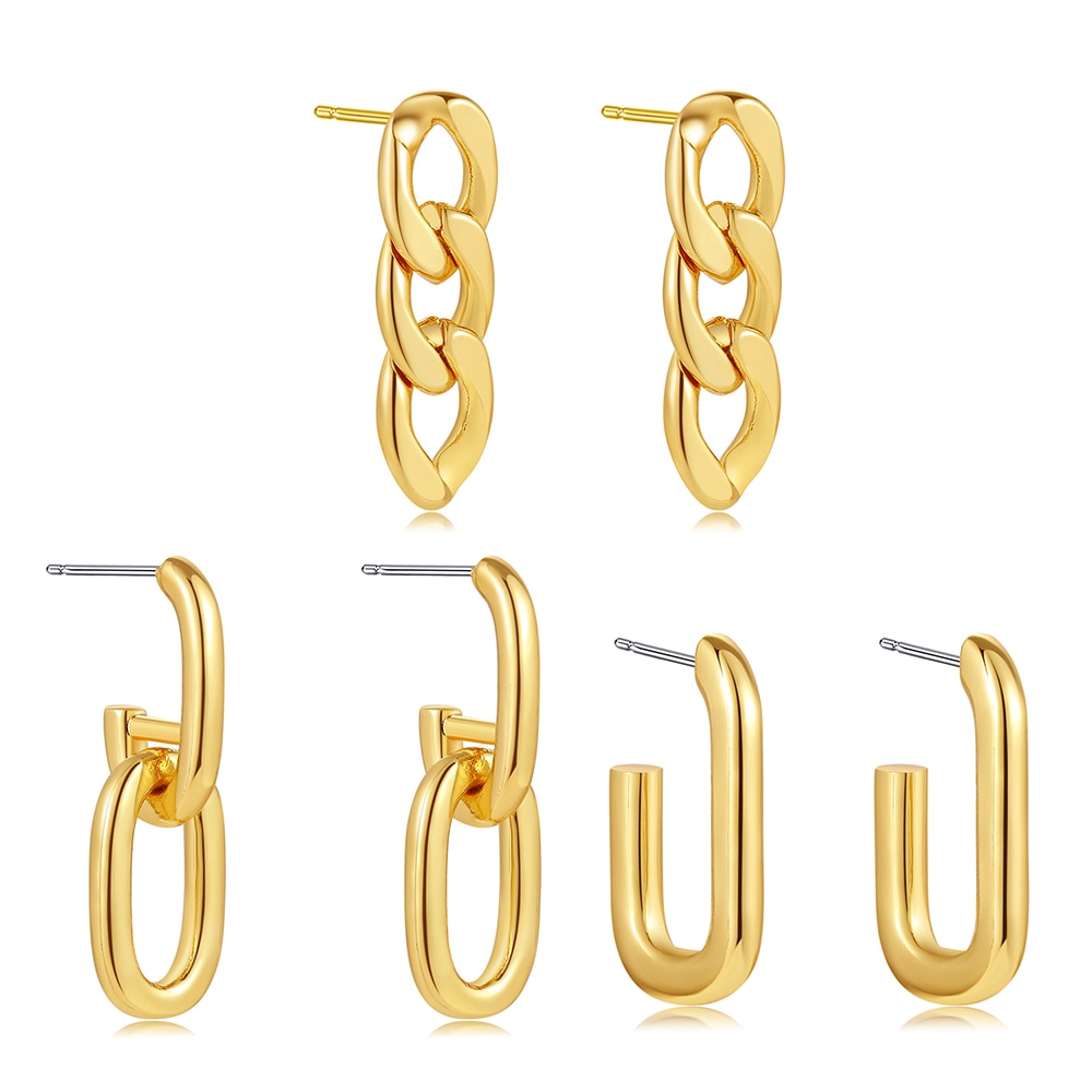 Maytrends 3pair Creative Gold Color Geometric Irregular Hammered Earrings Vintage Twisted Cuban Chain Hoop Earrings Set for Women Jewelry