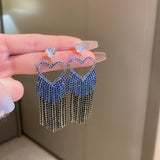 Maytrends Exaggerated Blue Rhinestone Crystal Geometric Flower Long Tassel Earrings for Women Cool Drop Dangling Earring Party Jewelry