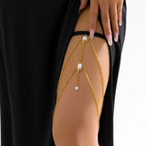 Maytrends Sexy Imitation Pearl Pendant Multi-layer Metal Thigh Chain Fashion Black Elastic Leg Chain Bikini Beach Body Jewelry