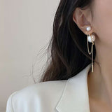 New Temperament Tassel Pearl Two-band Long Stud Earrings For Women Korean Fashion Earring Daily Birthday Party Jewelry Gifts