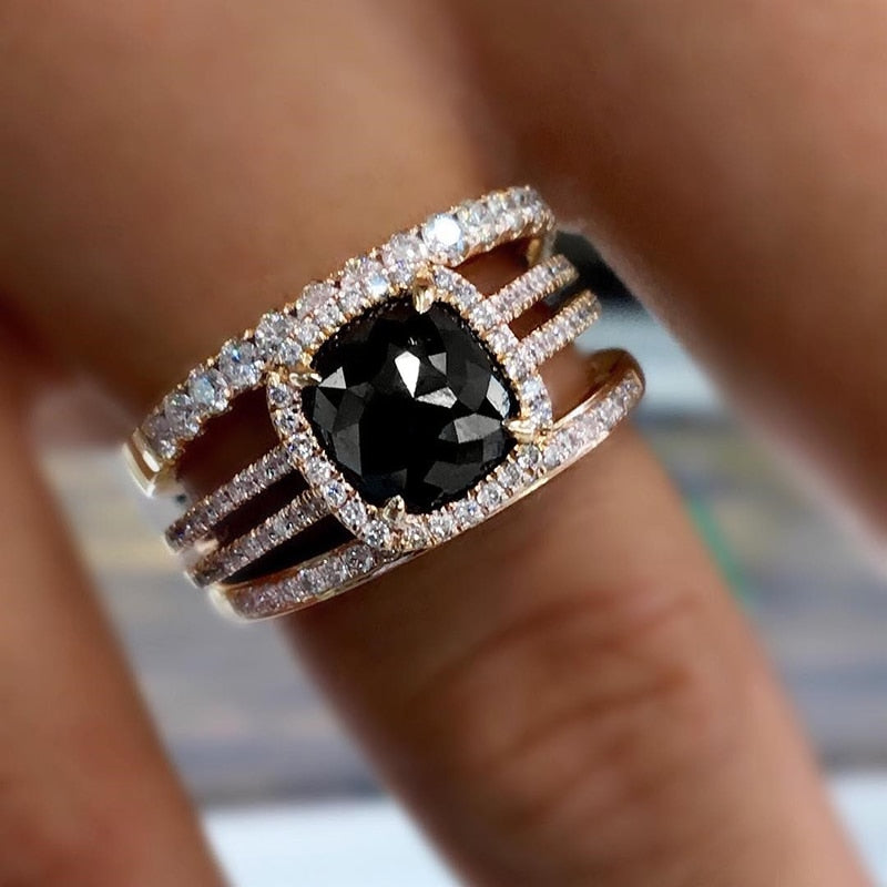 Luxury Black CZ Set Rings for Women Wedding Anniversary Party Modern Fashion Female Accessories  New Trends Jewelry