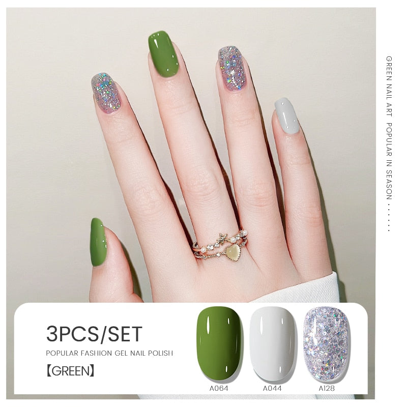 Maytrends Green Series Spring Glitter Gel Nail Polish Semi Permanent Soak Off UV LED Varnish Gel DIY for Nail Art Manicure Design