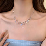 Korean Fairy Exquisite Blue Fringed Zircon Pendant Necklace For Women Girls Luxury Collarbone Chain Wedding Party