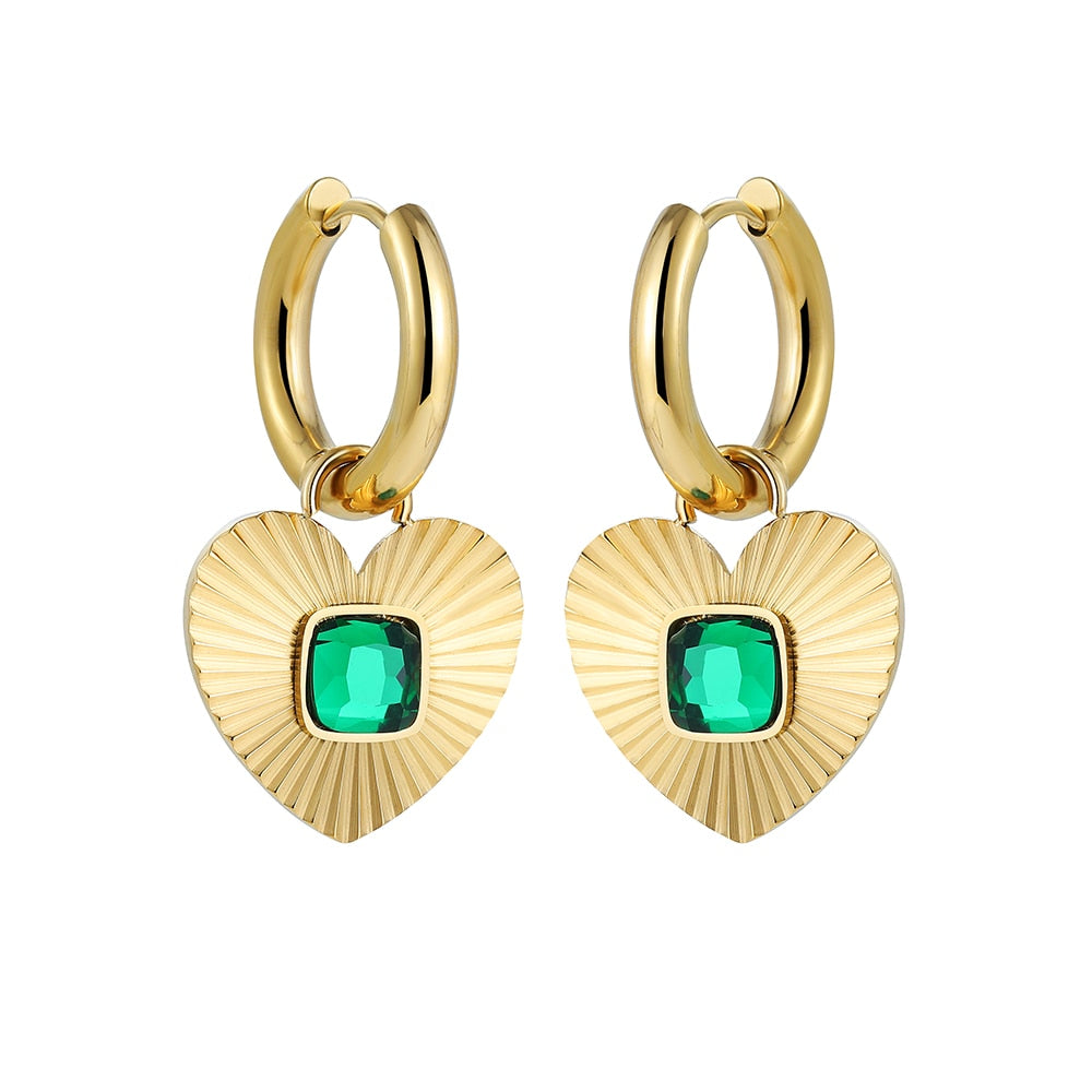 Maytrends Vintage French Jewelry Green Square Waterdrop Geometric Crystal Earring Gold Color Heart Stainless Steel Hoop Earrings for Women